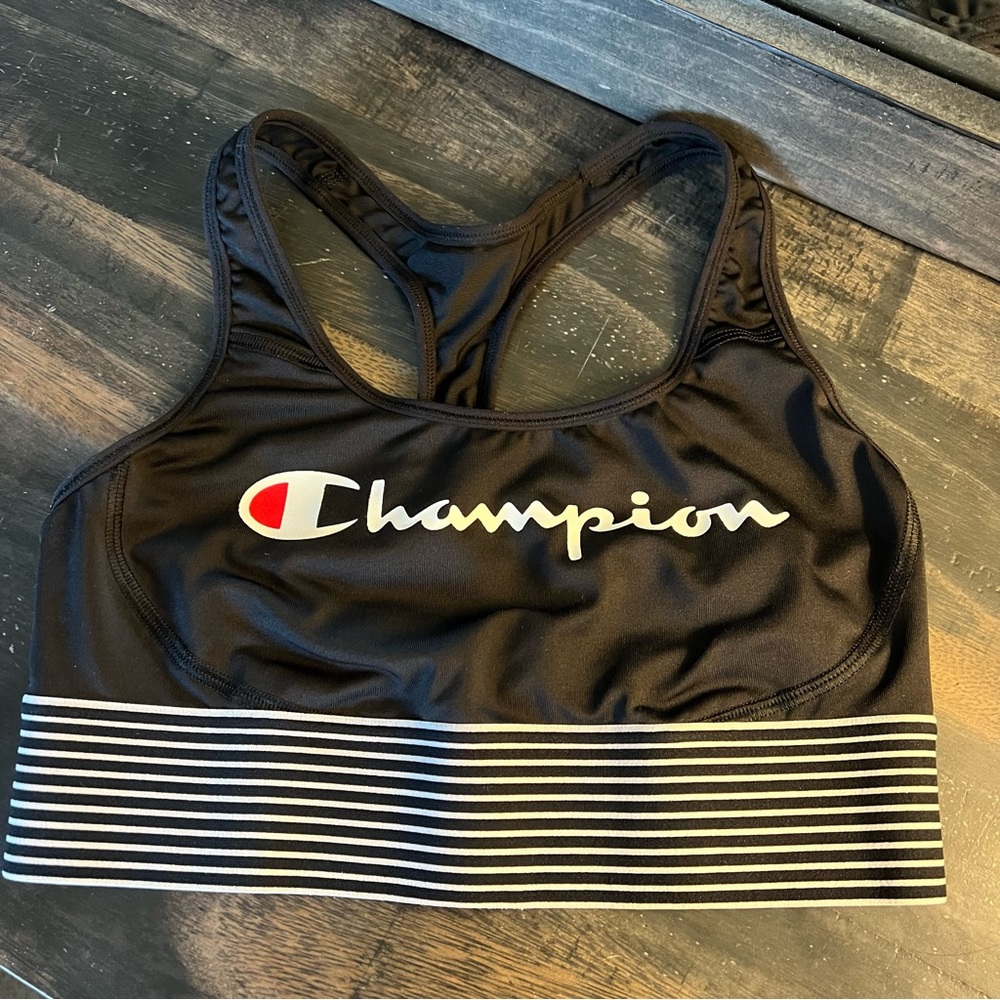 Champion logo black racerback sports bra